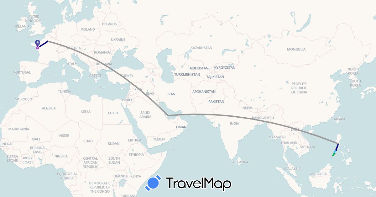TravelMap itinerary: driving, bus, plane, cycling, train, hiking, boat in France, Philippines, Qatar (Asia, Europe)