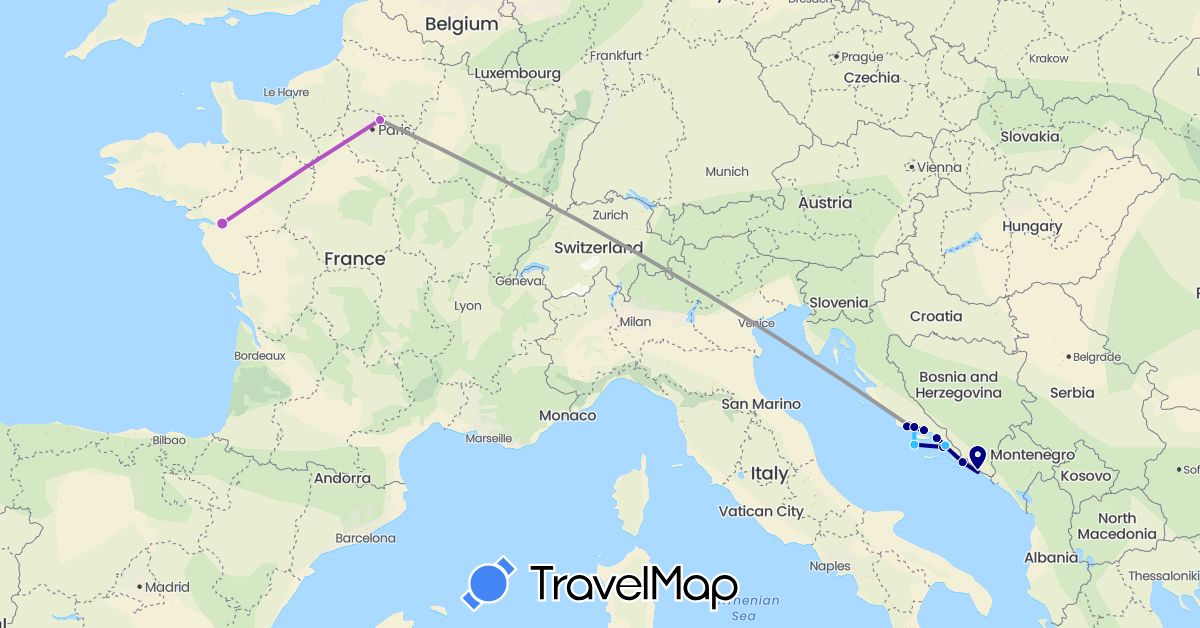 TravelMap itinerary: driving, plane, train, boat in France, Croatia (Europe)
